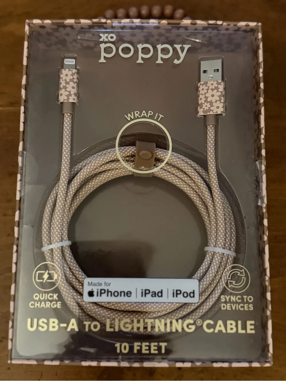 xo poppy 10ft USB-A to Lightning Cable in Floral Pink Beige